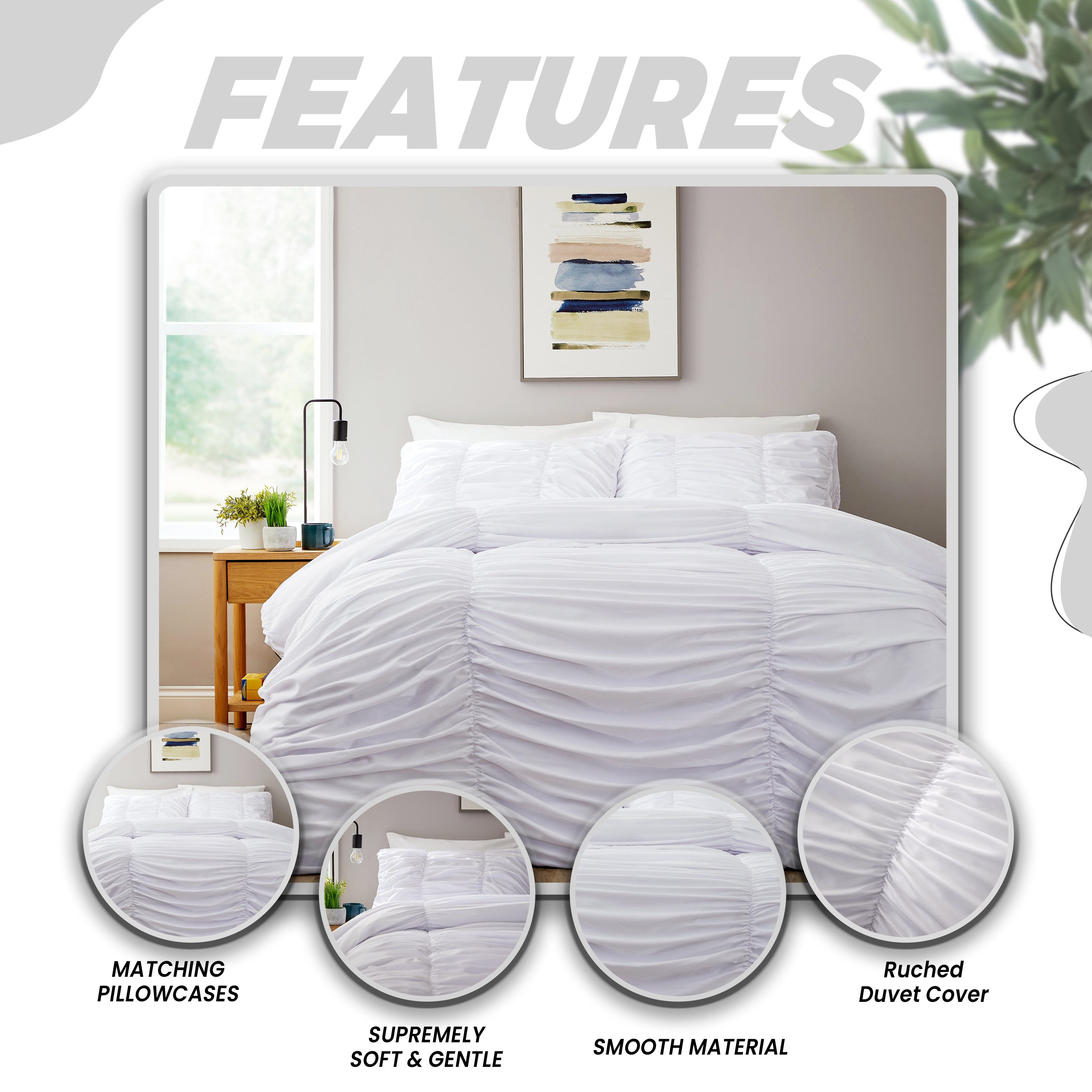 OLIVIA ROCCO Ruched White Microfibre Duvet Cover Set With Pillowcases Ruffle Bedding For Modern Bedrooms Soft Easy Care
