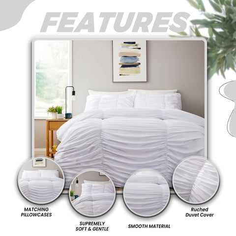 OLIVIA ROCCO Ruched White Microfibre Duvet Cover Set With Pillowcases Ruffle Bedding For Modern Bedrooms Soft Easy Care