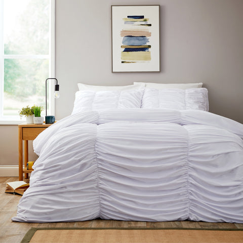 OLIVIA ROCCO Ruched White Microfibre Duvet Cover Set With Pillowcases Ruffle Bedding For Modern Bedrooms Soft Easy Care