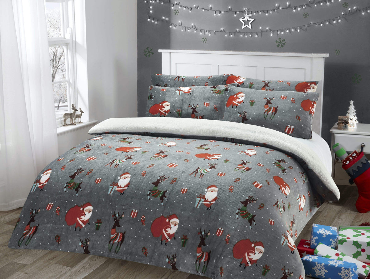 OLIVIA ROCCO Duvet Set Santa Christmas Presents Reversible Teddy Fleece Soft Warm With Faux Fur Bedding OEKO TEX Certified