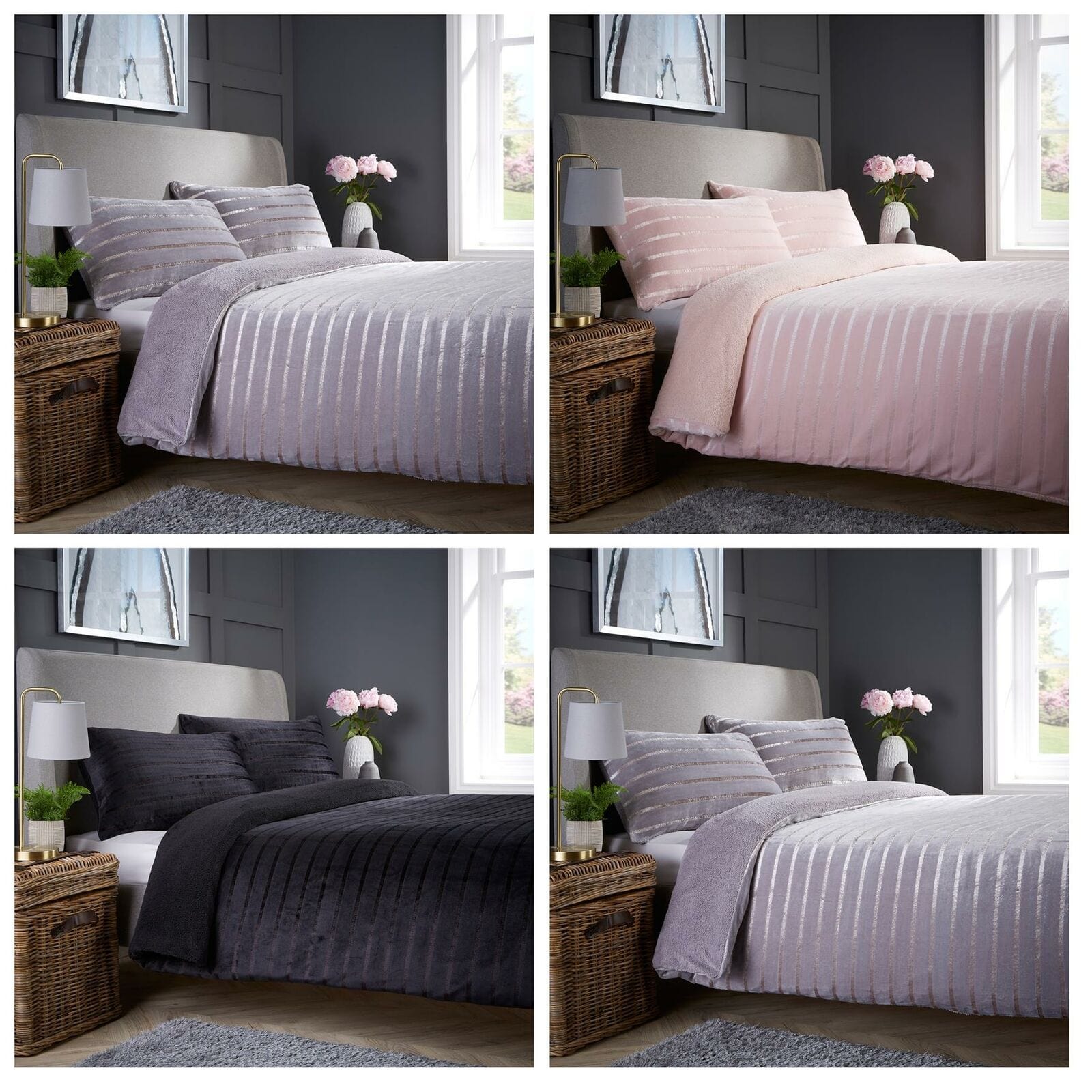 OLIVIA ROCCO Satin Stripe Reversible Faux Fur Teddy Duvet Cover Set - Super Soft Plush Winter Bedding, Available in Single, Double, King