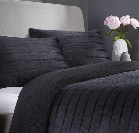 OLIVIA ROCCO Satin Stripe Reversible Faux Fur Teddy Duvet Cover Set - Super Soft Plush Winter Bedding, Available in Single, Double, King