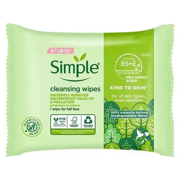 Simple Kind to Skin Cleansing Wipes Bio-degradable 25 wipes (Case of 6)
