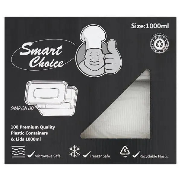 Smart Choice 100 Premium Quality Plastic Containers & Lids 1000ml - Sets of 100