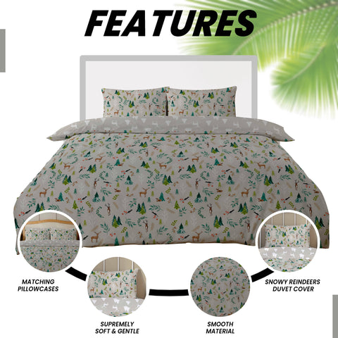 OLIVIA ROCCO Snowy Reindeers Reversible Duvet Cover Set With Pillowcases Polycotton Bedding For Year Round Comfort And Cozy Nights