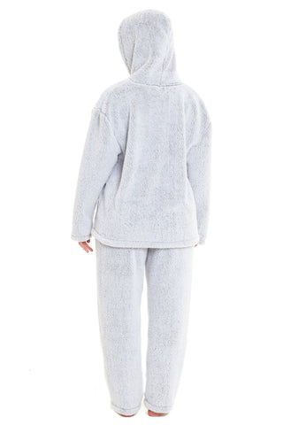 OLIVIA ROCCO Soft Grey Plush Fleece Zipped Hooded Pyjama Set With Zipped Front Ultra Warm Teddy Fabric Winter Sleepwear Multiple Sizes