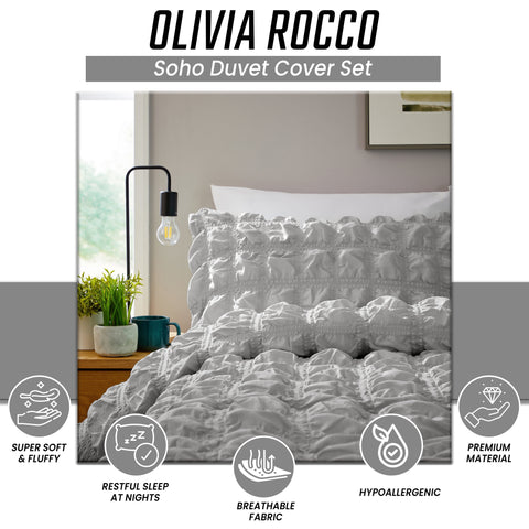 OLIVIA ROCCO Soho Grey Microfibre Duvet Cover Set With Pillowcases Quilted Super Soft Easy Care Bedding Bed Linen Set Machine Washable