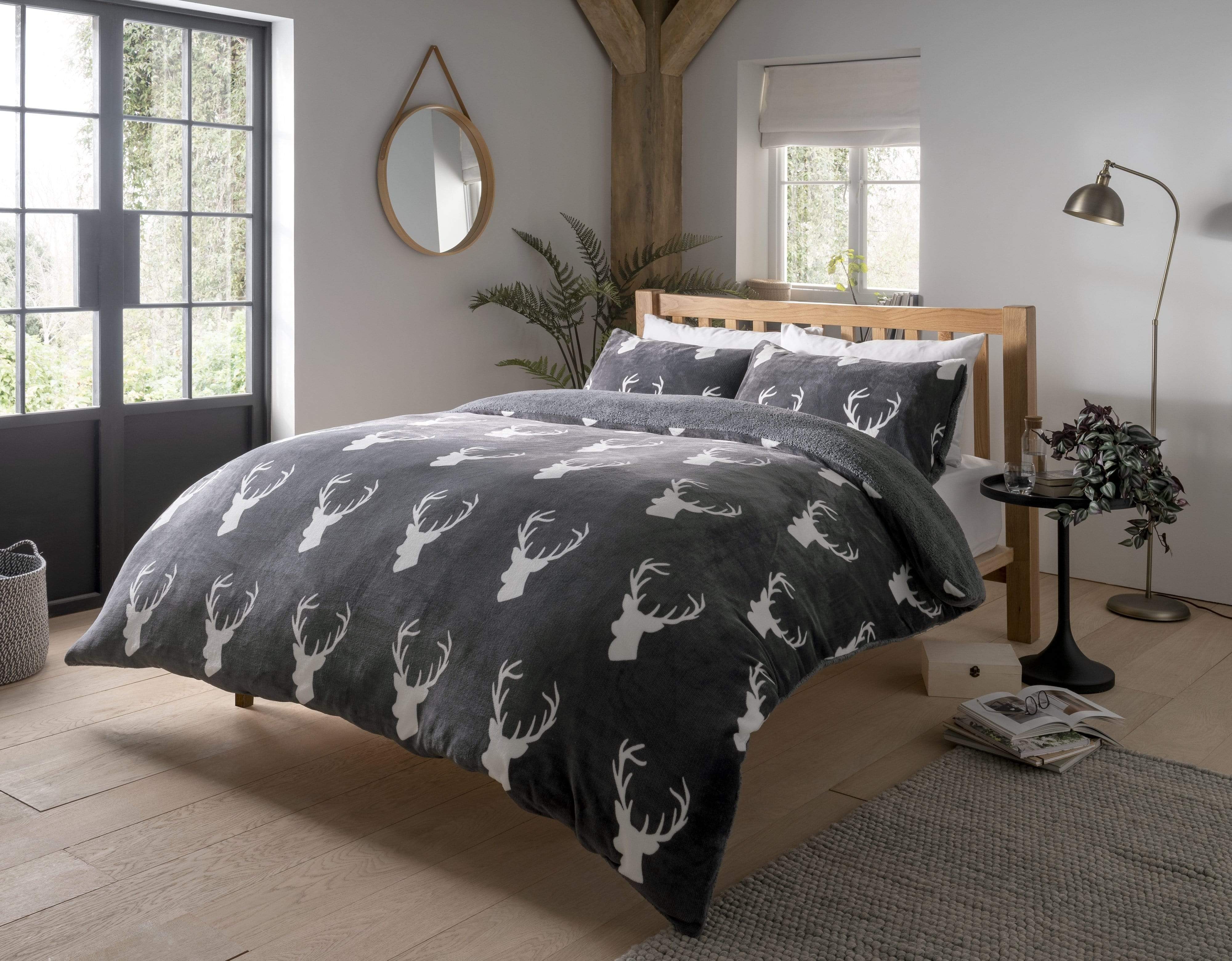 OLIVIA ROCCO Stag Teddy Reversible Duvet Set Charcoal Grey Faux Fur Ultra Soft OEKO-TEX Certified Available In Single Double King Sizes