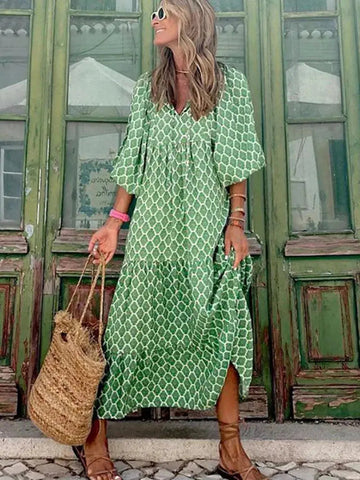 Summer Puff Sleeve Boho Eliegant Womens Maxi Dress