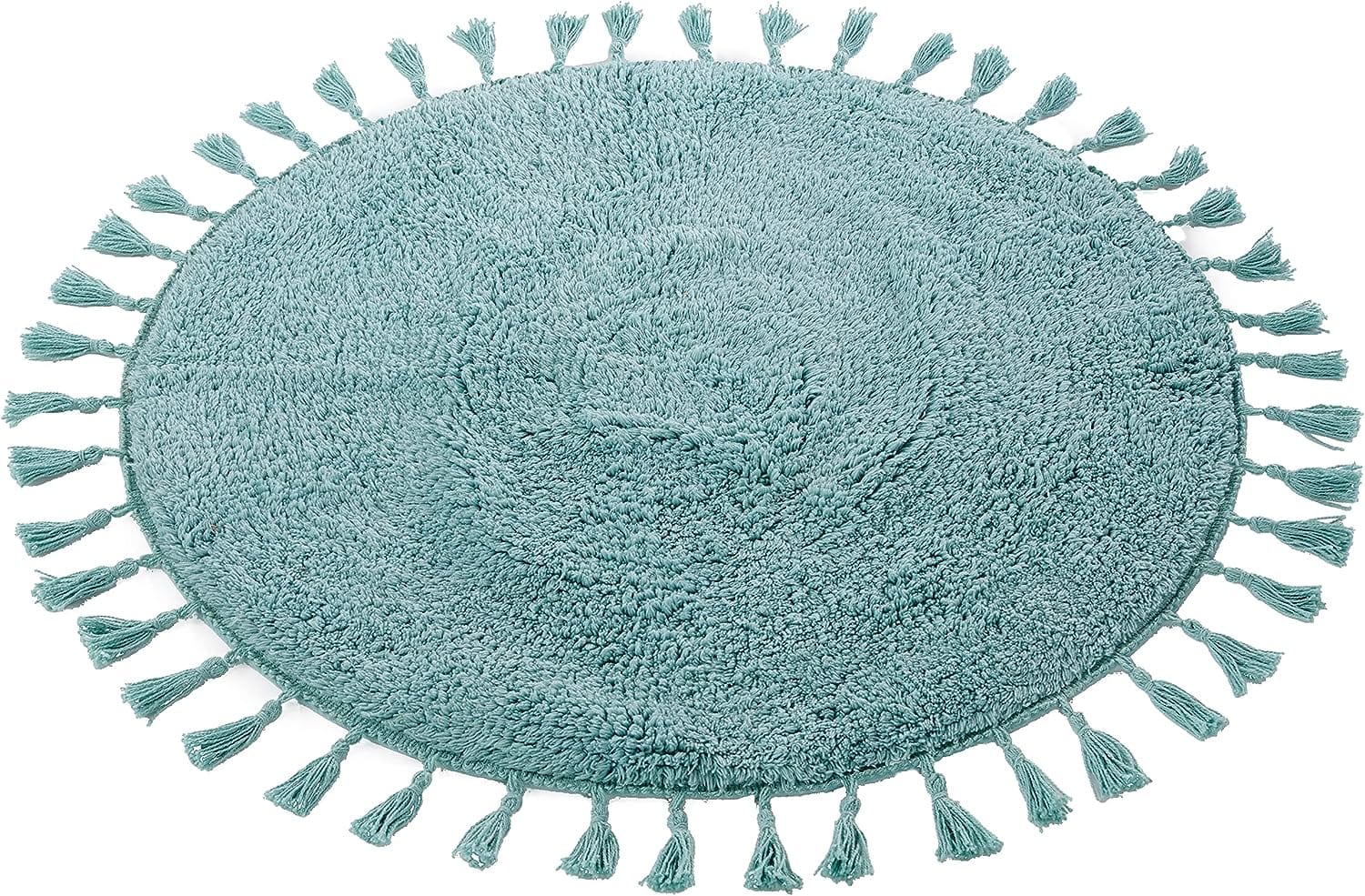 OLIVIA ROCCO Non Slip Round Tasselled Bath Mat 100 Percent Cotton Absorbent Soft Plush Bathroom Rug Duck Egg Grey Natural And White