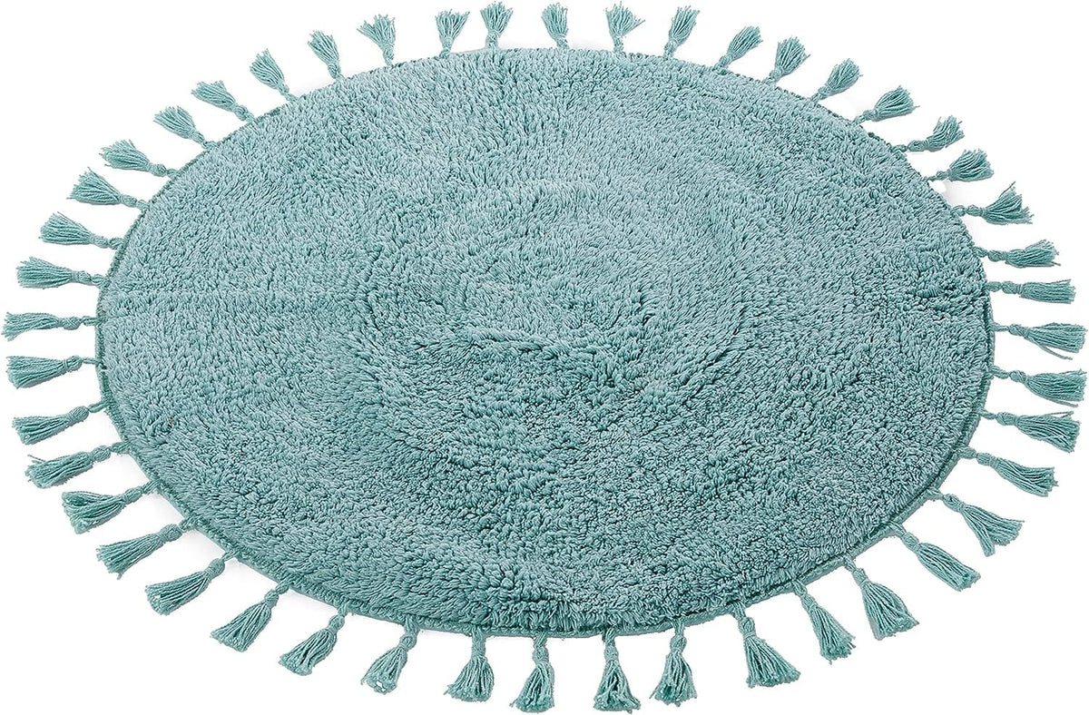OLIVIA ROCCO Non Slip Round Tasselled Bath Mat 100 Percent Cotton Absorbent Soft Plush Bathroom Rug Duck Egg Grey Natural And White