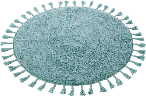 OLIVIA ROCCO Non Slip Round Tasselled Bath Mat 100 Percent Cotton Absorbent Soft Plush Bathroom Rug Duck Egg Grey Natural And White