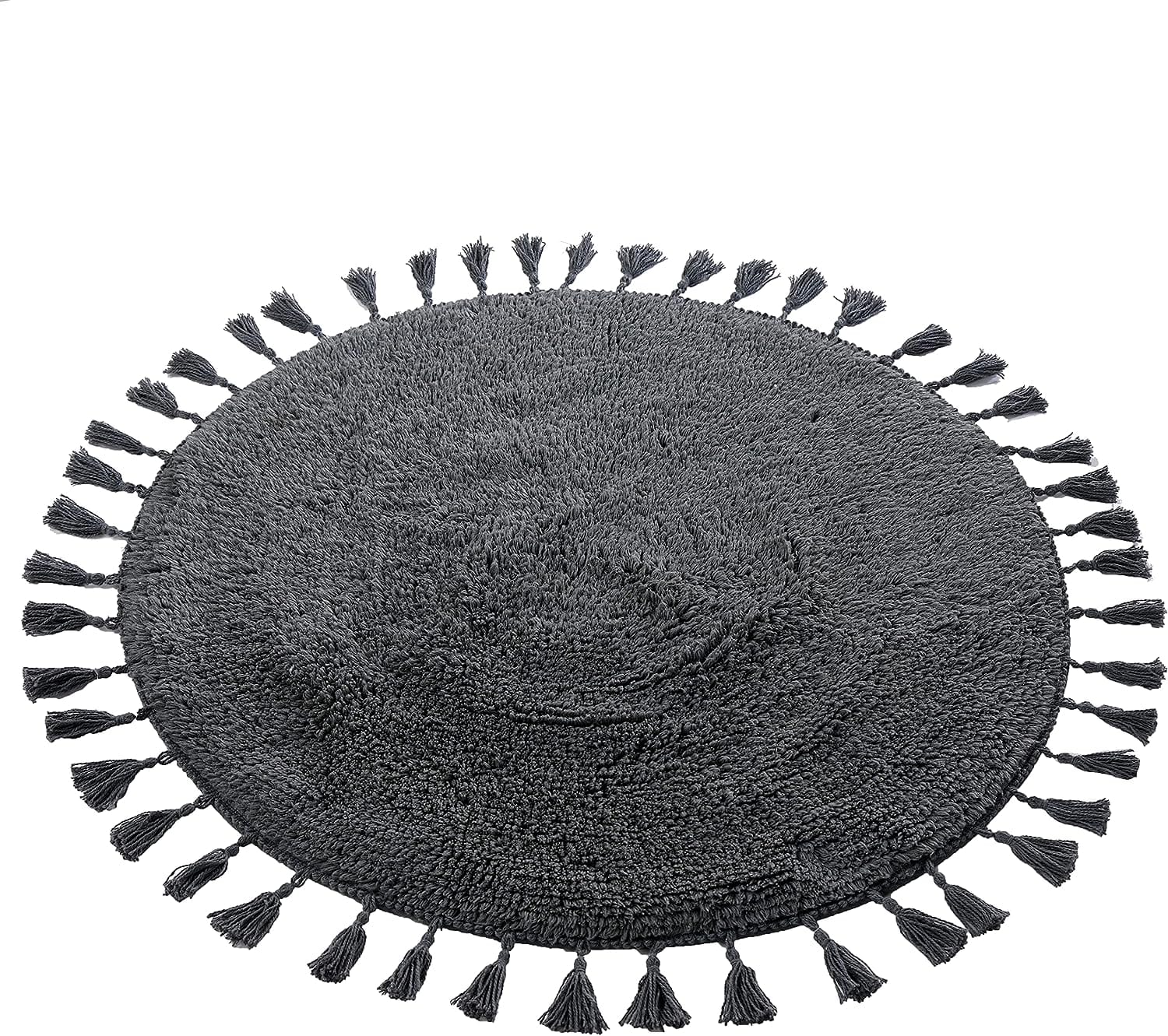 OLIVIA ROCCO Non Slip Round Tasselled Bath Mat 100 Percent Cotton Absorbent Soft Plush Bathroom Rug Duck Egg Grey Natural And White