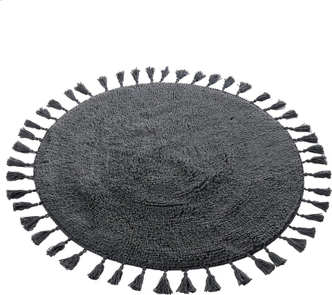 OLIVIA ROCCO Non Slip Round Tasselled Bath Mat 100 Percent Cotton Absorbent Soft Plush Bathroom Rug Duck Egg Grey Natural And White