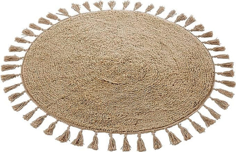 OLIVIA ROCCO Non Slip Round Tasselled Bath Mat 100 Percent Cotton Absorbent Soft Plush Bathroom Rug Duck Egg Grey Natural And White