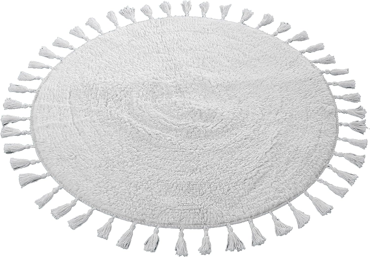 OLIVIA ROCCO Non Slip Round Tasselled Bath Mat 100 Percent Cotton Absorbent Soft Plush Bathroom Rug Duck Egg Grey Natural And White