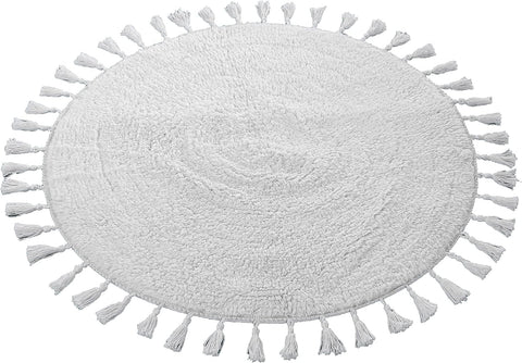OLIVIA ROCCO Non Slip Round Tasselled Bath Mat 100 Percent Cotton Absorbent Soft Plush Bathroom Rug Duck Egg Grey Natural And White