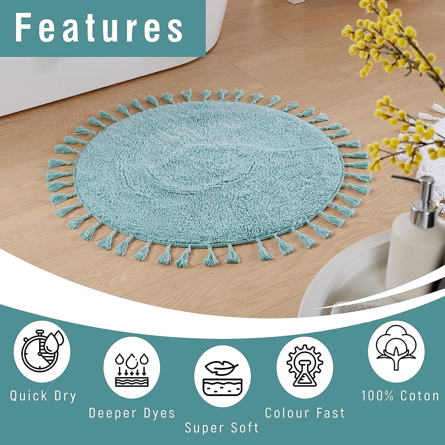 OLIVIA ROCCO Non Slip Round Tasselled Bath Mat 100 Percent Cotton Absorbent Soft Plush Bathroom Rug Duck Egg Grey Natural And White