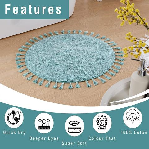 OLIVIA ROCCO Non Slip Round Tasselled Bath Mat 100 Percent Cotton Absorbent Soft Plush Bathroom Rug Duck Egg Grey Natural And White