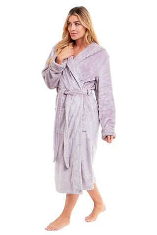 OLIVIA ROCCO Womens Faux Fur Hooded Bathrobe Plush Fleece Ultra-Absorbent Dressing Gown Daisy Dreamer Pink or Grey Size S-XL