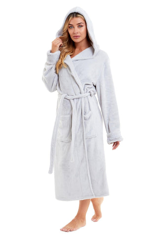 OLIVIA ROCCO Womens Faux Fur Hooded Bathrobe Plush Fleece Ultra-Absorbent Dressing Gown Daisy Dreamer Pink or Grey Size S-XL