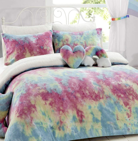 OLIVIA ROCCO Tie Dye Rainbow Teddy Fleece Duvet Set for Kids Reversible Bedding with Cushion and Throw Single and Double