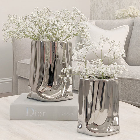 Vega Petite Paper Bag Style Silver Ceramic Vase