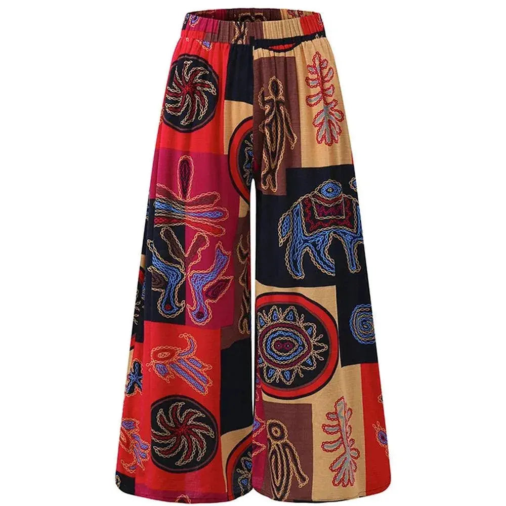 Vintage Linen Elastic Waist Wide Leg Pants for Women