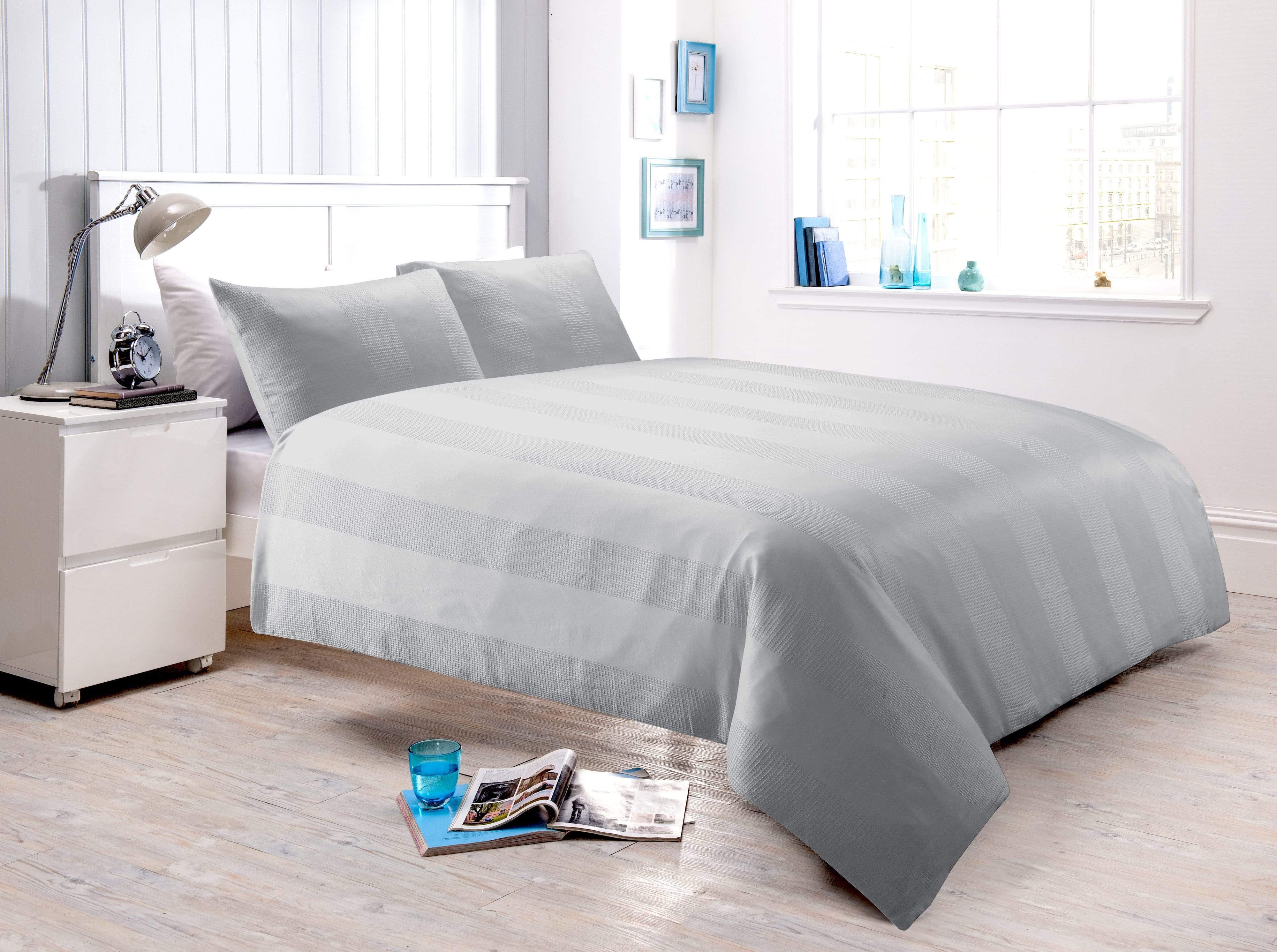 OLIVIA ROCCO Waffle Stripe Handwoven Jacquard Cotton Rich Duvet Cover Set Multiple Sizes Available In Various Colours Designed In England