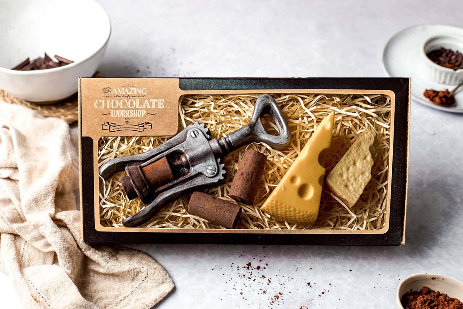 Cheese & Wine Lovers Chocolate Selection Box – Corkscrew, Wine Corks, Swiss Cheese Slice & Parmesan
