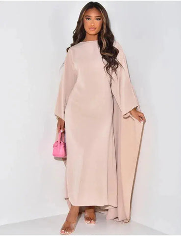 Women Elegant Solid Round Neck Bat Sleeves Loose Maxi Dress