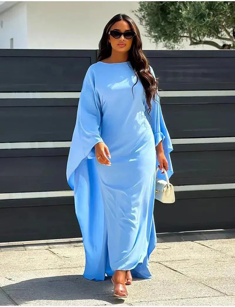 Women Elegant Solid Round Neck Bat Sleeves Loose Maxi Dress