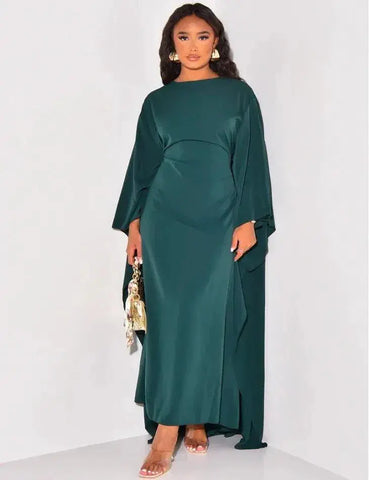 Women Elegant Solid Round Neck Bat Sleeves Loose Maxi Dress