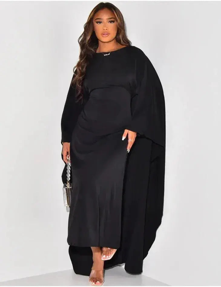 Women Elegant Solid Round Neck Bat Sleeves Loose Maxi Dress