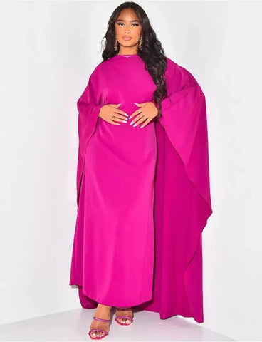Women Elegant Solid Round Neck Bat Sleeves Loose Maxi Dress