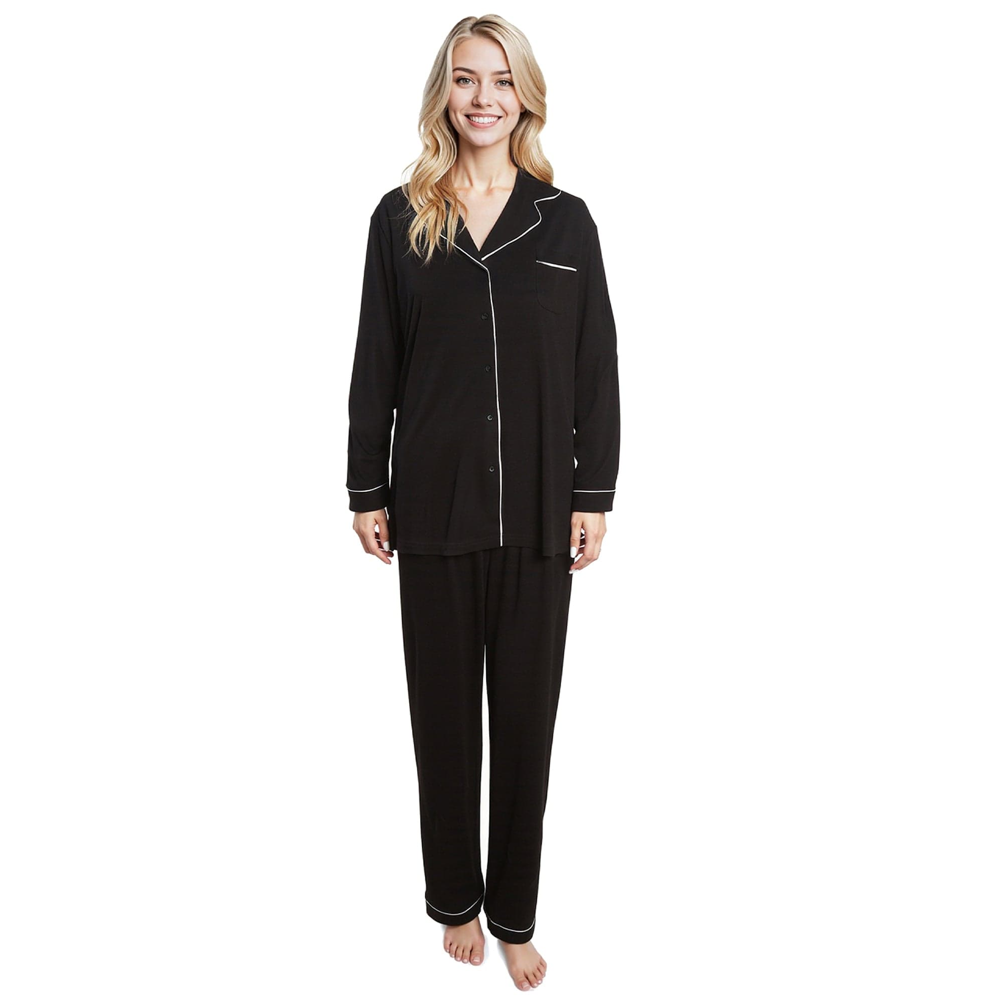 OLIVIA ROCCO Women's Black Pyjama Set Soft Touch Long Sleeve Button Up Top and Bottoms Two Piece Nightwear Daisy Dreamer
