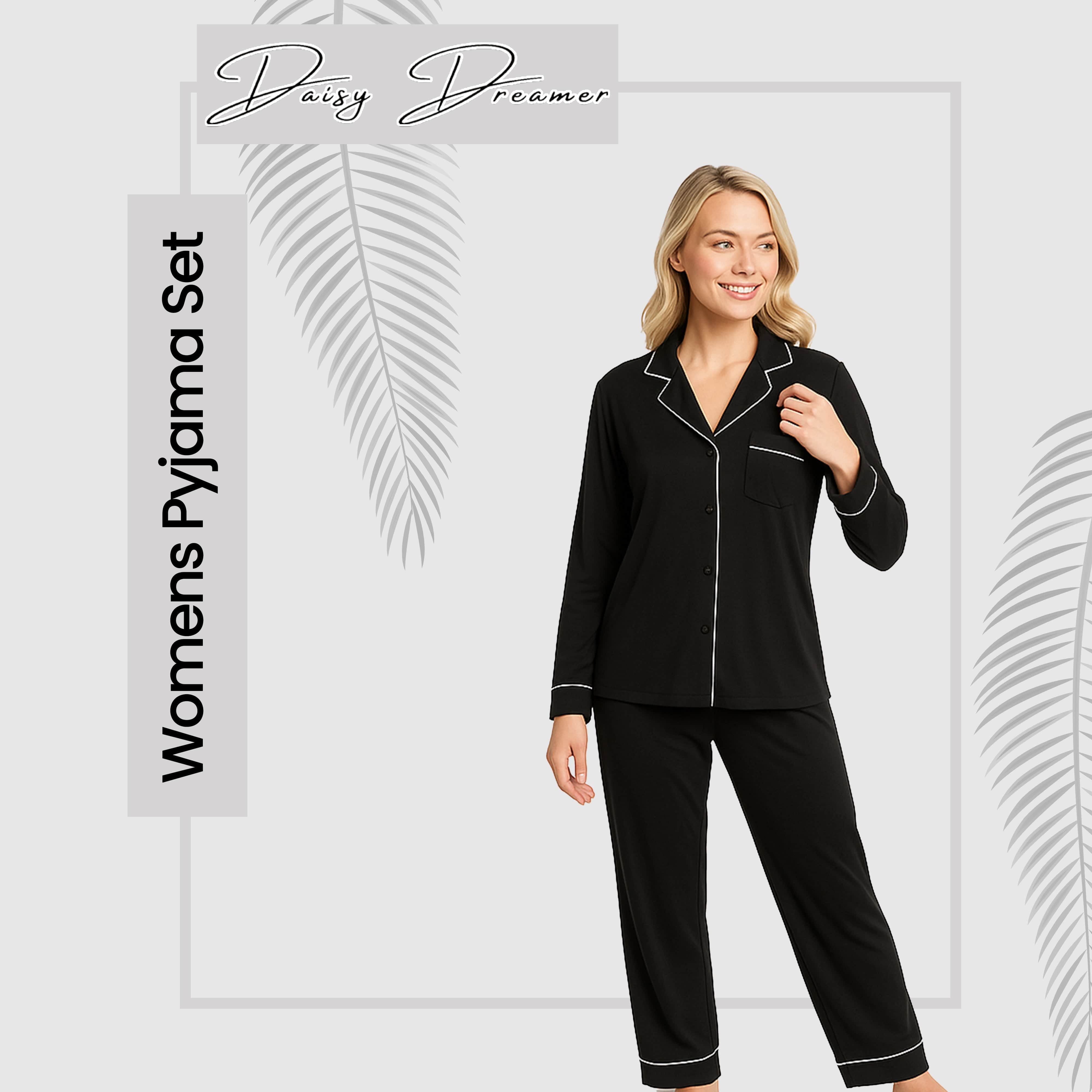 OLIVIA ROCCO Women's Black Pyjama Set Soft Touch Long Sleeve Button Up Top and Bottoms Two Piece Nightwear Daisy Dreamer