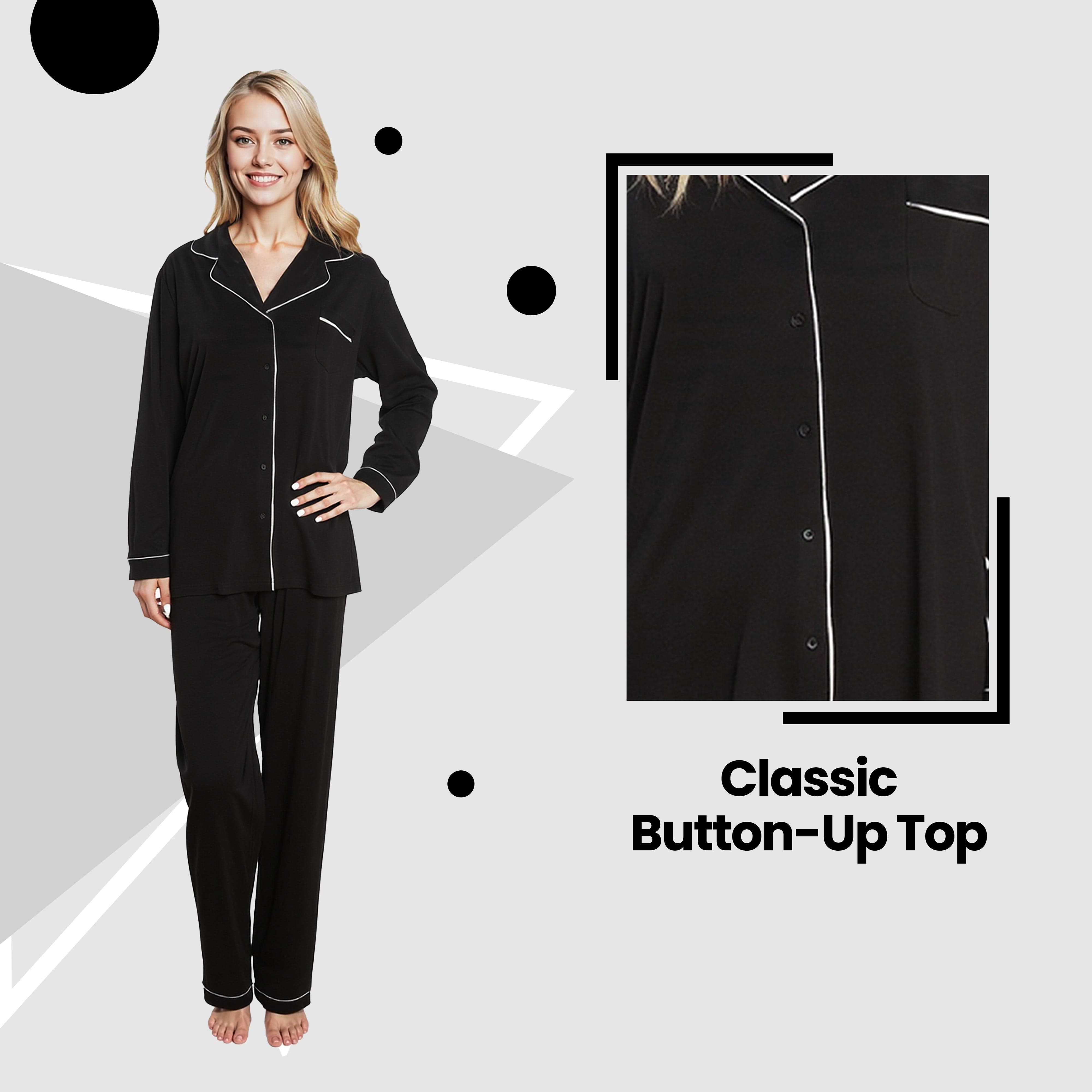 OLIVIA ROCCO Women's Black Pyjama Set Soft Touch Long Sleeve Button Up Top and Bottoms Two Piece Nightwear Daisy Dreamer
