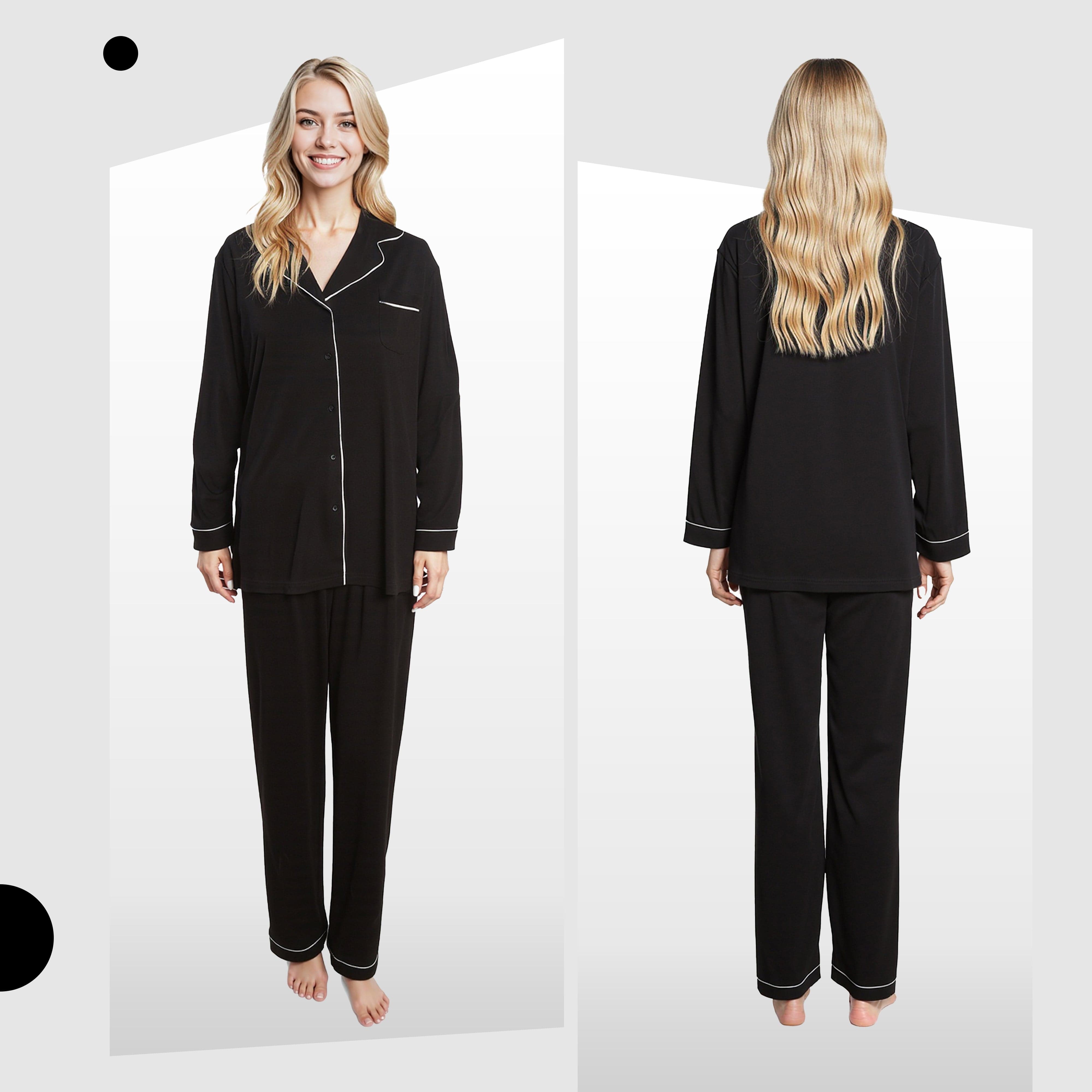 OLIVIA ROCCO Women's Black Pyjama Set Soft Touch Long Sleeve Button Up Top and Bottoms Two Piece Nightwear Daisy Dreamer