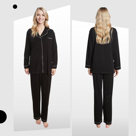OLIVIA ROCCO Women's Black Pyjama Set Soft Touch Long Sleeve Button Up Top and Bottoms Two Piece Nightwear Daisy Dreamer
