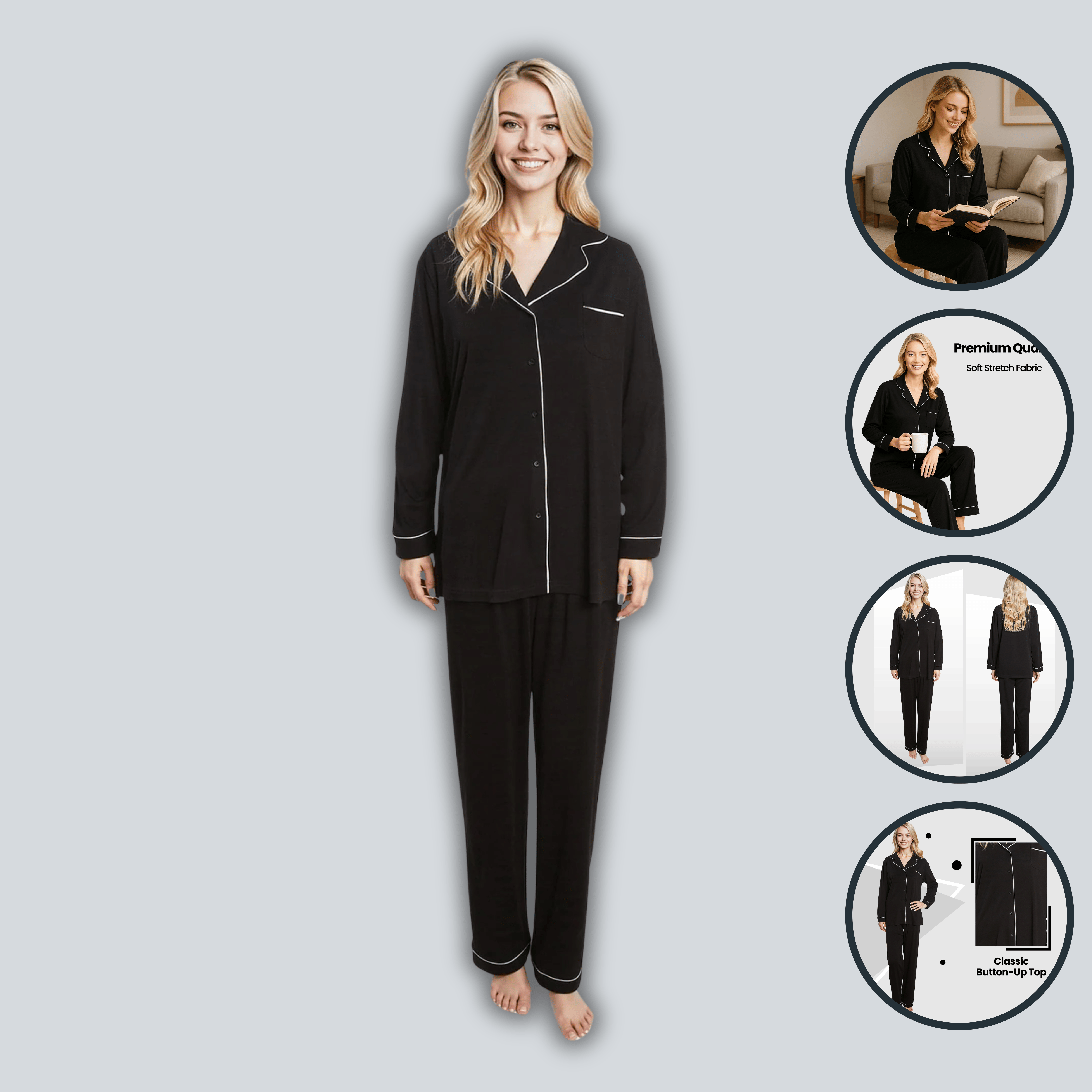 OLIVIA ROCCO Women's Black Pyjama Set Soft Touch Long Sleeve Button Up Top and Bottoms Two Piece Nightwear Daisy Dreamer