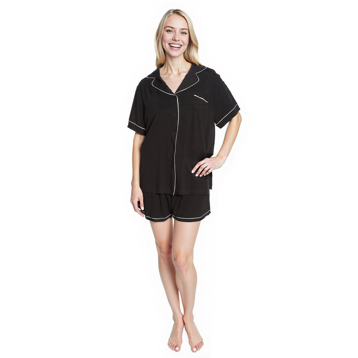OLIVIA ROCCO Women Black Short Pyjama Set Super Soft Sleepwear With Button Up Top And Pockets Daisy Dreamer Lounge Wear Comfy