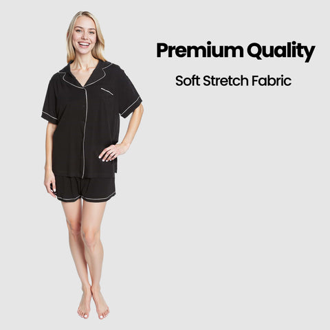 OLIVIA ROCCO Women Black Short Pyjama Set Super Soft Sleepwear With Button Up Top And Pockets Daisy Dreamer Lounge Wear Comfy