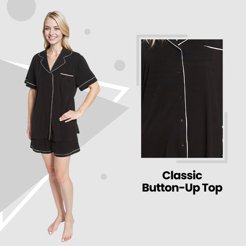 OLIVIA ROCCO Women Black Short Pyjama Set Super Soft Sleepwear With Button Up Top And Pockets Daisy Dreamer Lounge Wear Comfy