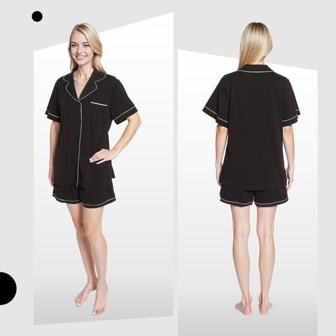 OLIVIA ROCCO Women Black Short Pyjama Set Super Soft Sleepwear With Button Up Top And Pockets Daisy Dreamer Lounge Wear Comfy