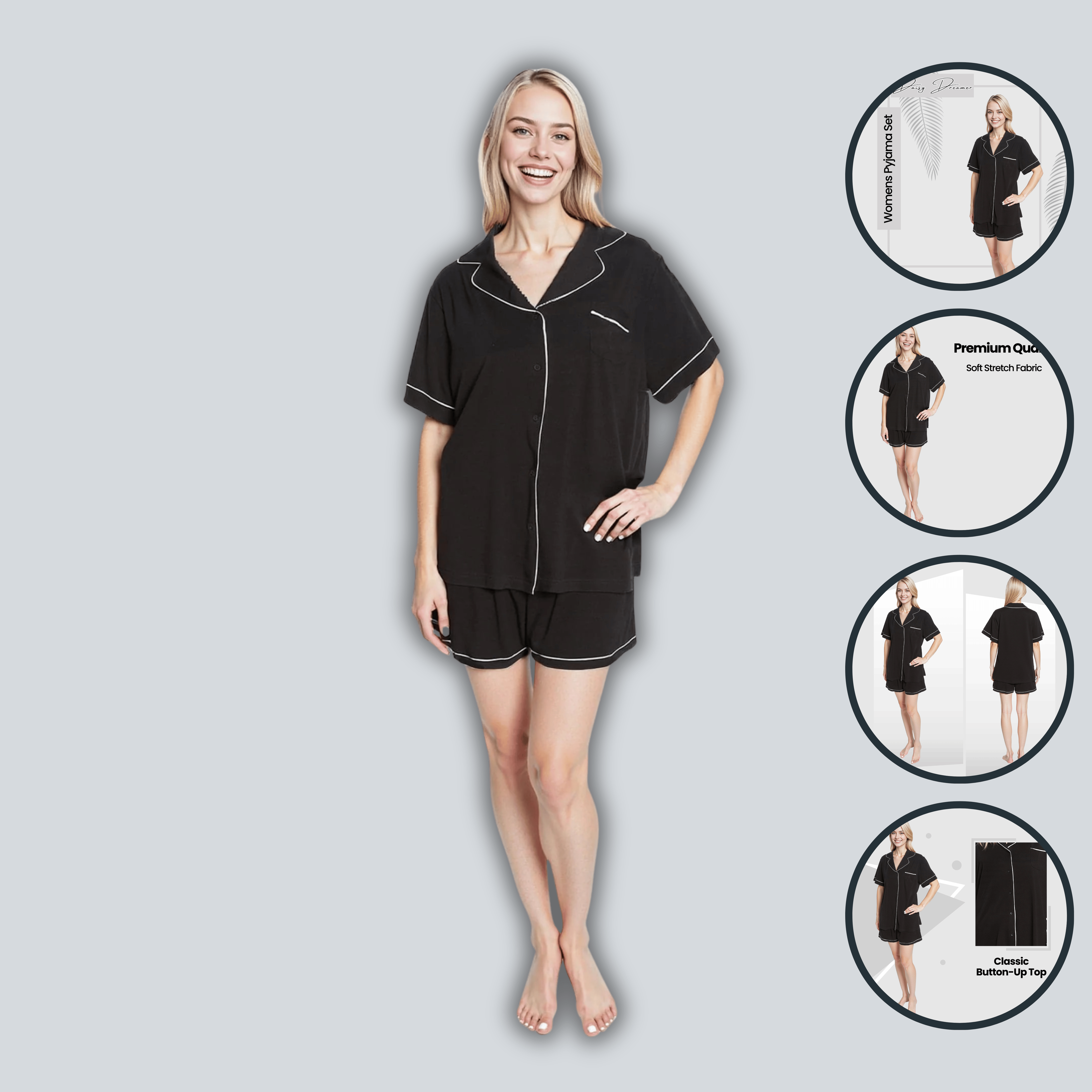 OLIVIA ROCCO Women Black Short Pyjama Set Super Soft Sleepwear With Button Up Top And Pockets Daisy Dreamer Lounge Wear Comfy