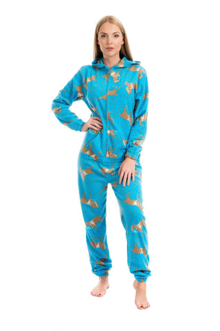 OLIVIA ROCCO Womens Blue Horse Print Hooded Fleece Onezee Pyjama Set For Warm Nightwear UK Sizes 10-20 Cozy Soft Fleece Loungewear