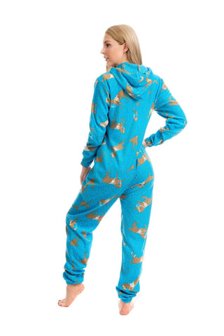 OLIVIA ROCCO Womens Blue Horse Print Hooded Fleece Onezee Pyjama Set For Warm Nightwear UK Sizes 10-20 Cozy Soft Fleece Loungewear
