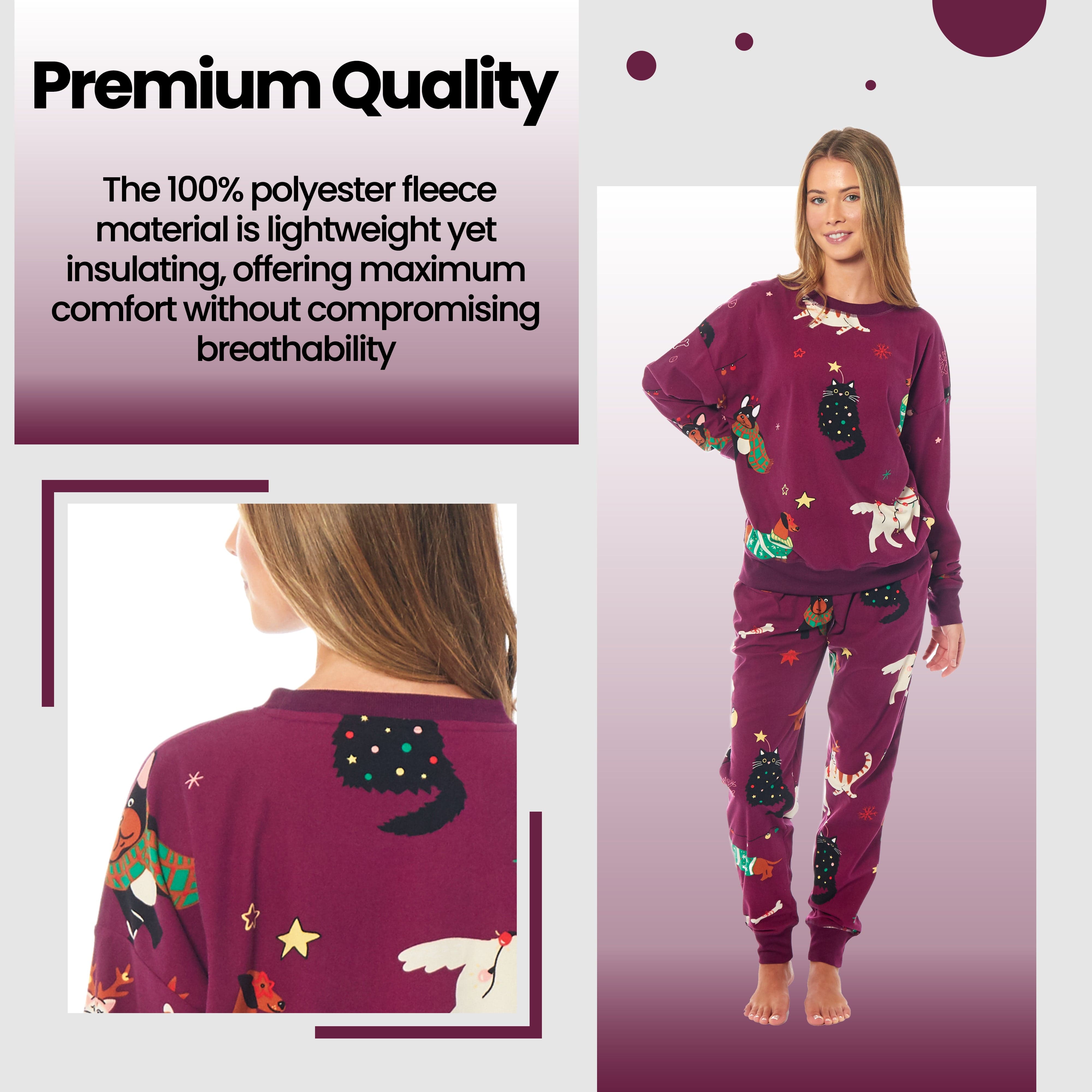 OLIVIA ROCCO Womens Cat And Dog Print Fleece Pyjama Set Long Sleeve Animal Print Warm Sleepwear Loungewear Soft And Cozy Nightwear
