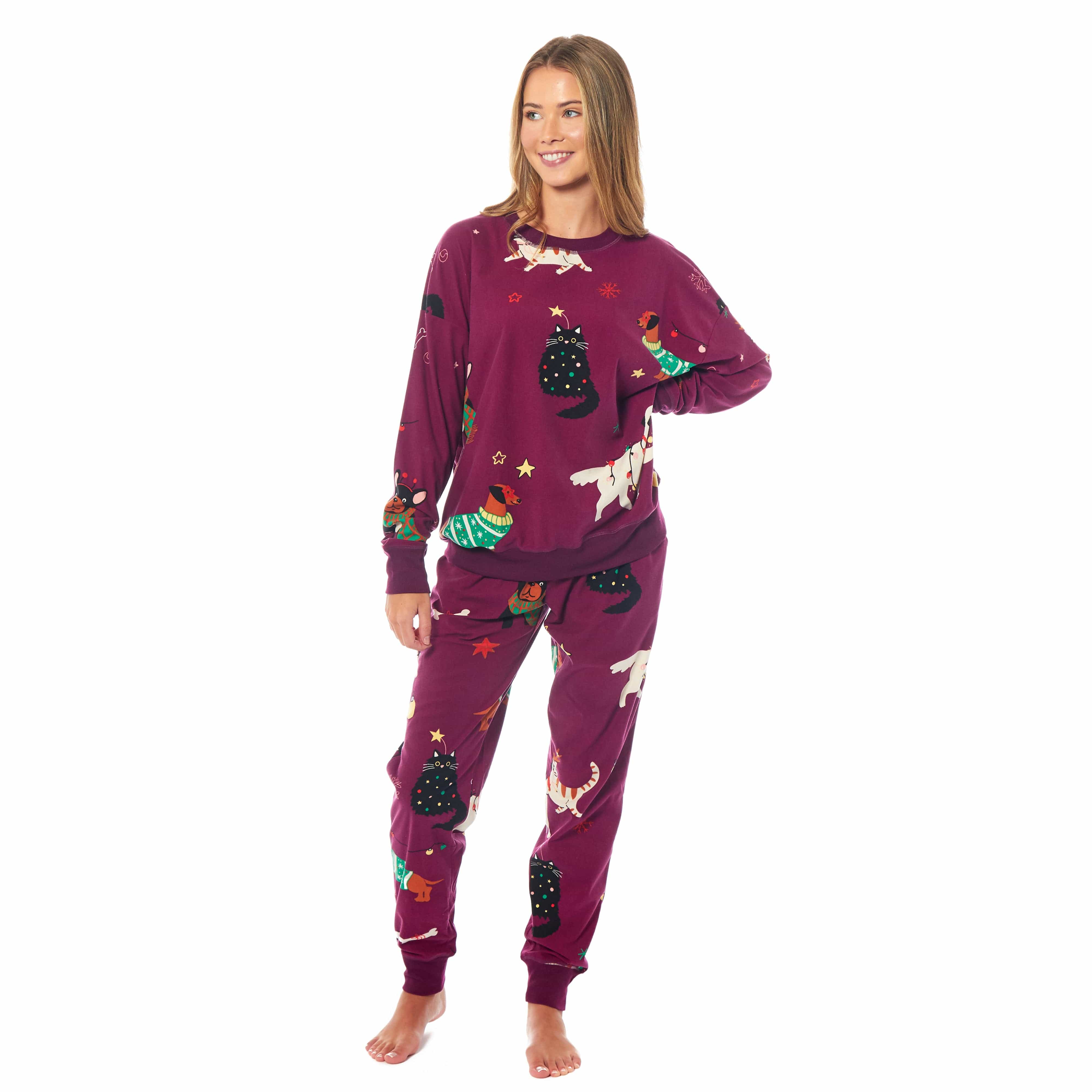 OLIVIA ROCCO Womens Cat And Dog Print Fleece Pyjama Set Long Sleeve Animal Print Warm Sleepwear Loungewear Soft And Cozy Nightwear